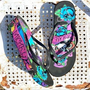 Y2K Mickey Mouse Ed Hardy styled platform wedge sandals